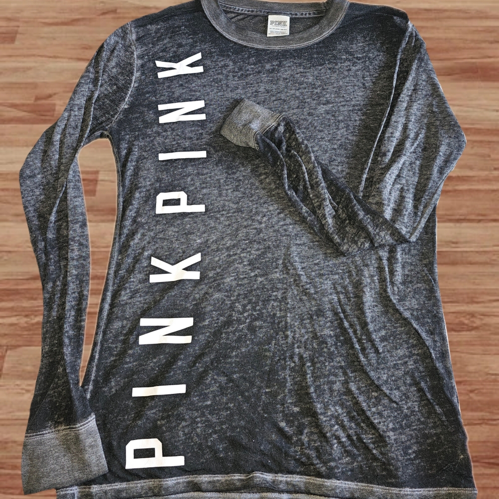 Victoria's Secret Gray Sheer Long Sleeve Shirt with White Lettering